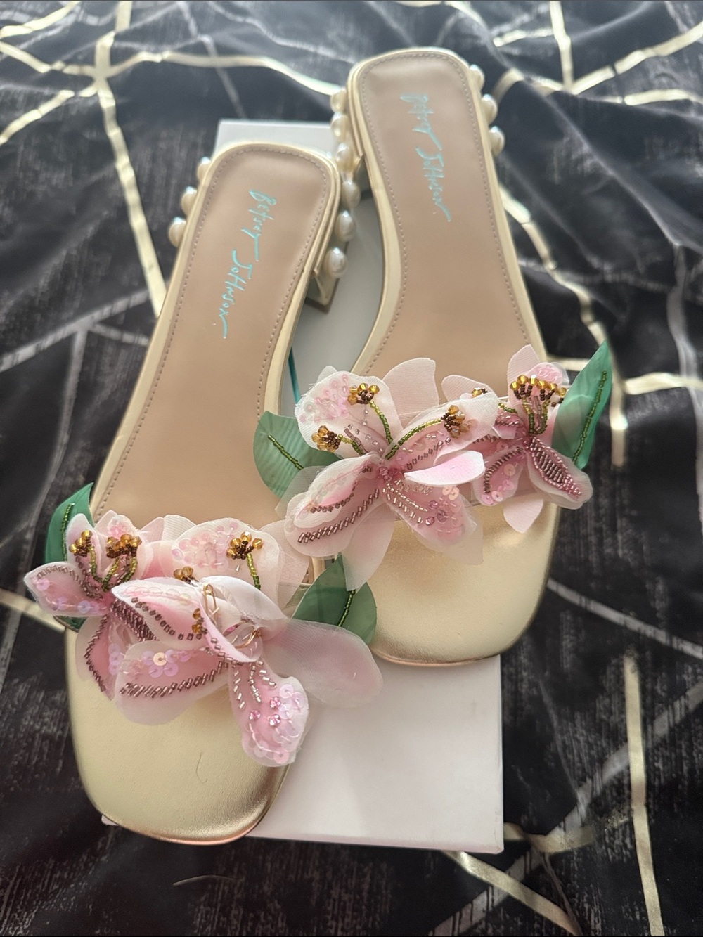 Betsey Johnson Pink Floral Gold Open-Back Mules